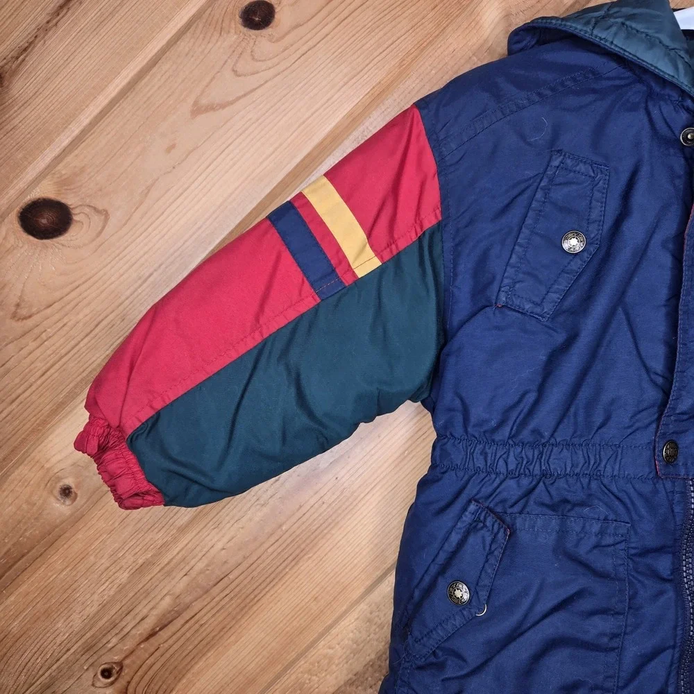 Vtg‎ Youth Color Block Hooded Winter Coat Jacket Sz 5-6 Zip/Snap Red Blue Green